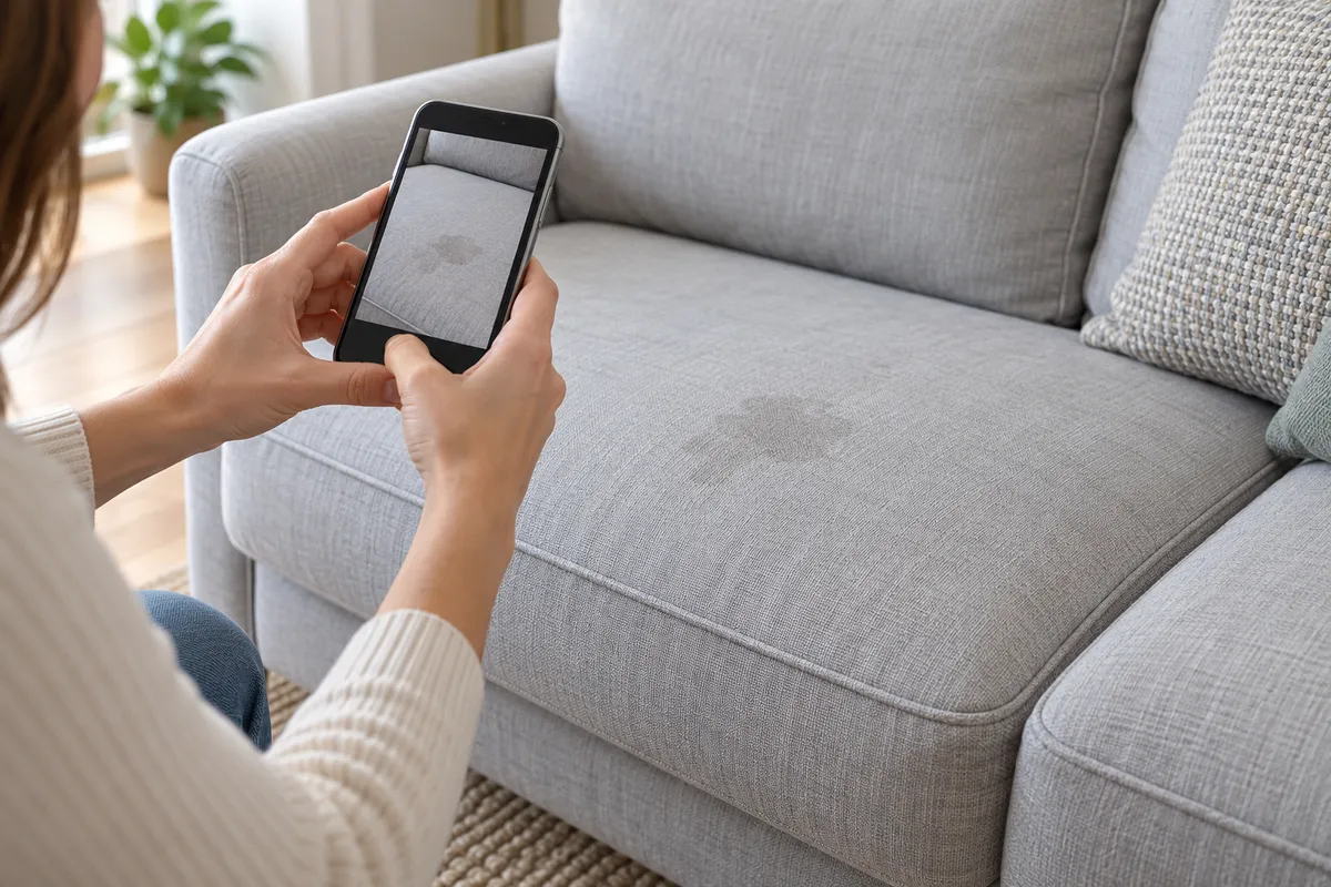 A person holding a phone to photograph a pale grey sofa seat with a visible patch.